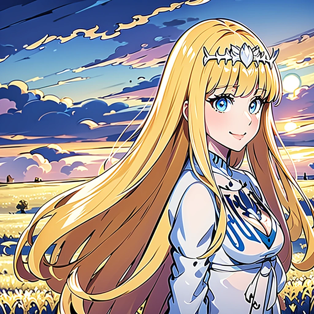 masterpiece, best quality, , bangs, , cowboy shot, from the side, looking at the viewer, smile, clouds, sky, field, sunset,, 1girl, solo, Calca, Calca Bessarez, blonde hair, (extremely long hair1.3), very long hair, white tiara, white dress, blue eyes, medium chest,extremely long hair