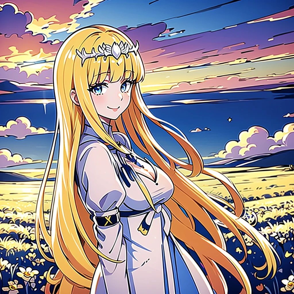 masterpiece, best quality,  , bangs, , cowboy shot, from the side, looking at the viewer, smile, clouds, sky, field, sunset,,  1girl, solo, Calca, Calca Bessarez, blonde hair, (extremely long hair1.3), very long hair, white tiara, white dress, blue eyes, medium chest,extremely long hair