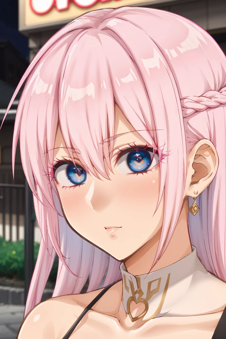 
shikimorisan,1girl, pink hair, long hair, blue eyes, hair between eyes, bangs, ultra realistic 8k cg, flawless, masterpiece, solo, 1girl, casino, rich, night dress, cutout, necklace, earring, golden, face focus, gleaming skin, elbow gloves, cleavage, shiny dress