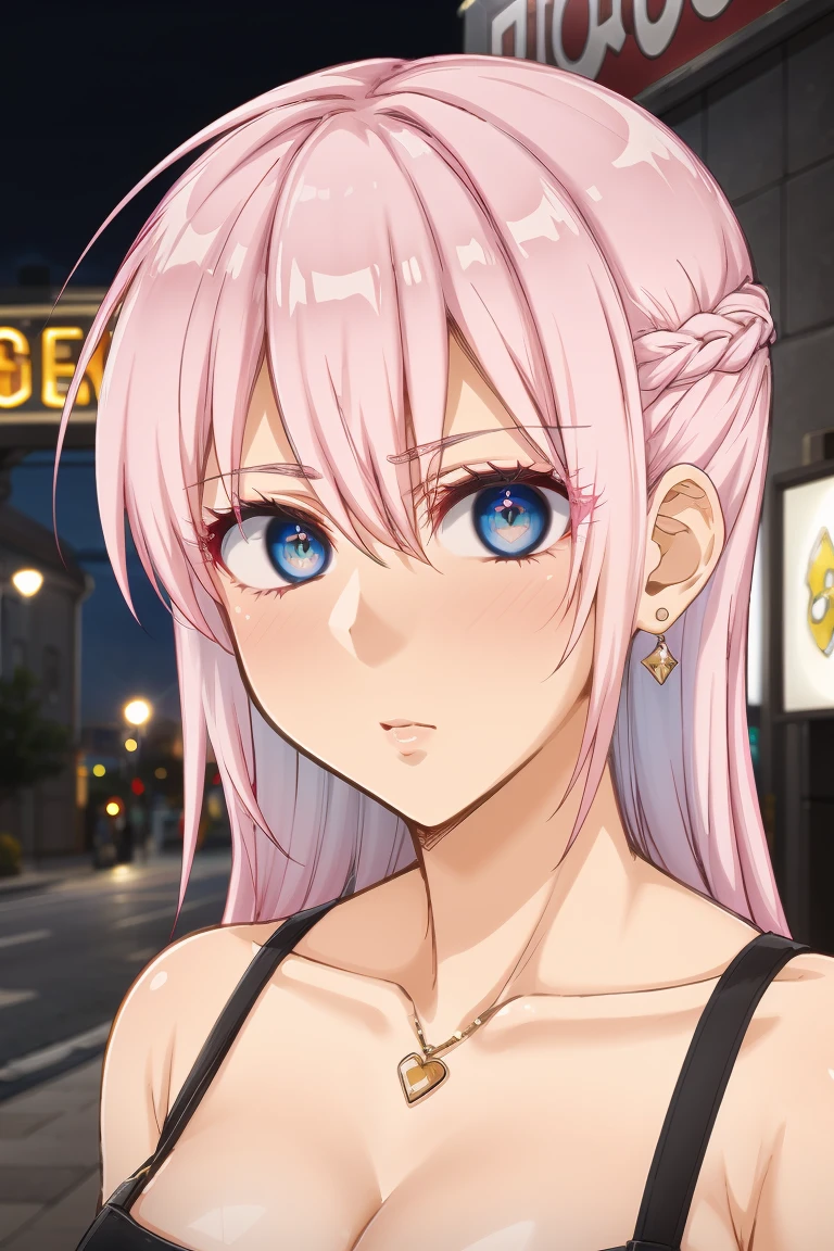 
shikimorisan,1girl, pink hair, long hair, blue eyes, hair between eyes, bangs, ultra realistic 8k cg, flawless, masterpiece, solo, 1girl, casino, rich, night dress, cutout, necklace, earring, golden, face focus, gleaming skin, elbow gloves, cleavage, shiny dress