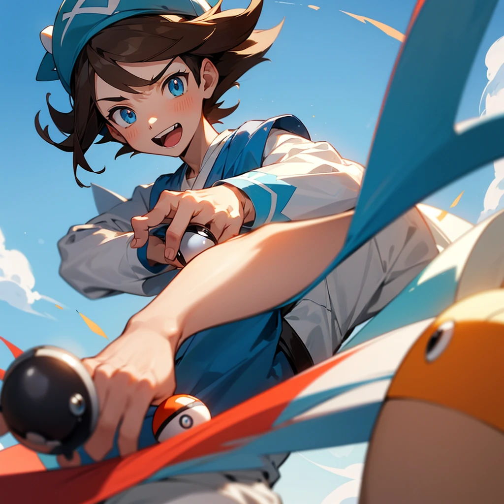 clearing! Imagine a boy with a blue cap on brown hair, enthusiastically holding a Poké Ball. His eyes light up with the promise of Pokémon adventures as he prepares to catch or battle alongside his favorite Pokémon.