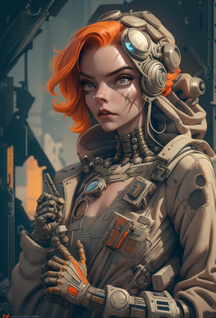 A highly detailed and realistic skull girl,( Anya. Taylor Joy) cyberpunk character, mad max furiosa, one hand robot, cyborg arm, orange hair, dramatic metal heavy rock theme, best quality, 8k, hyperrealistic, photorealistic, extreme detailed painting, studio lighting, vivid colors, dark moody atmosphere, cinematic, dramatic pose, intricate mechanical details, glowing energy effects, intense gritty textures, seamless integration of organic and inorganic elements. Wearing the used clothes of a wastelander. Background: An apocalyptic wasteland. Dusty and depressing.