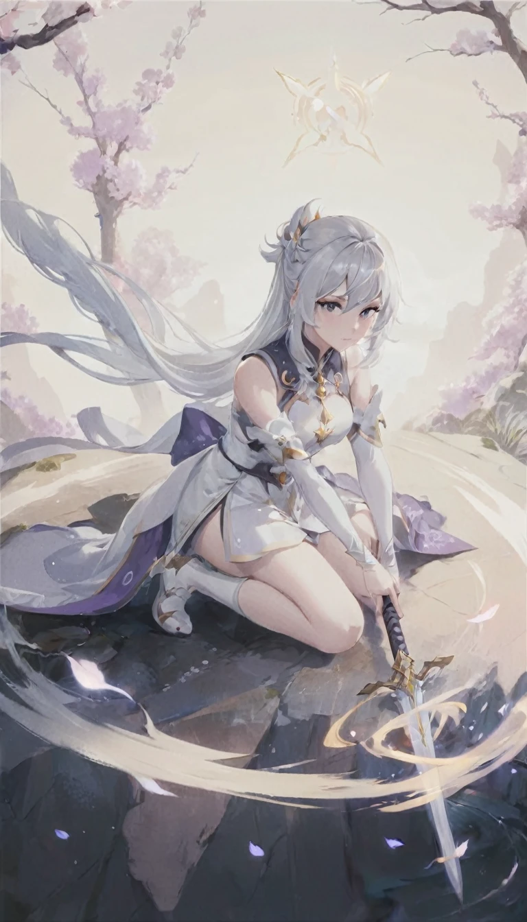 anime girl sitting on a rock with a sword in her hand, white haired deity, guweiz, artwork in the style of guweiz, guweiz on artstation pixiv, clean detailed anime art, guweiz on pixiv artstation, beautiful anime artwork, keqing from genshin impact, anime goddess, beautiful fantasy anime, anime fantasy artwork