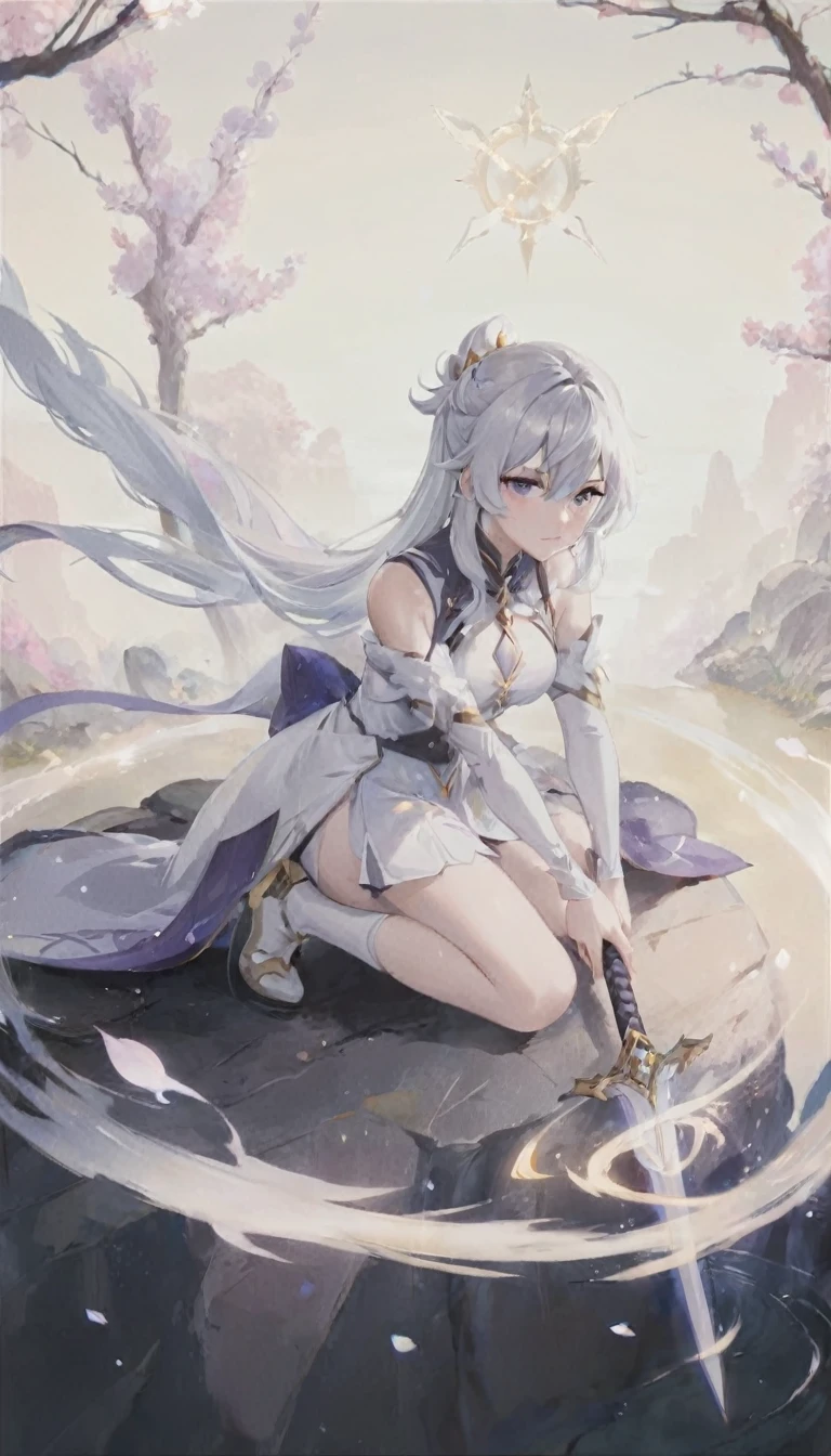 anime girl sitting on a rock with a sword in her hand, white haired deity, guweiz, artwork in the style of guweiz, guweiz on artstation pixiv, clean detailed anime art, guweiz on pixiv artstation, beautiful anime artwork, keqing from genshin impact, anime goddess, beautiful fantasy anime, anime fantasy artwork