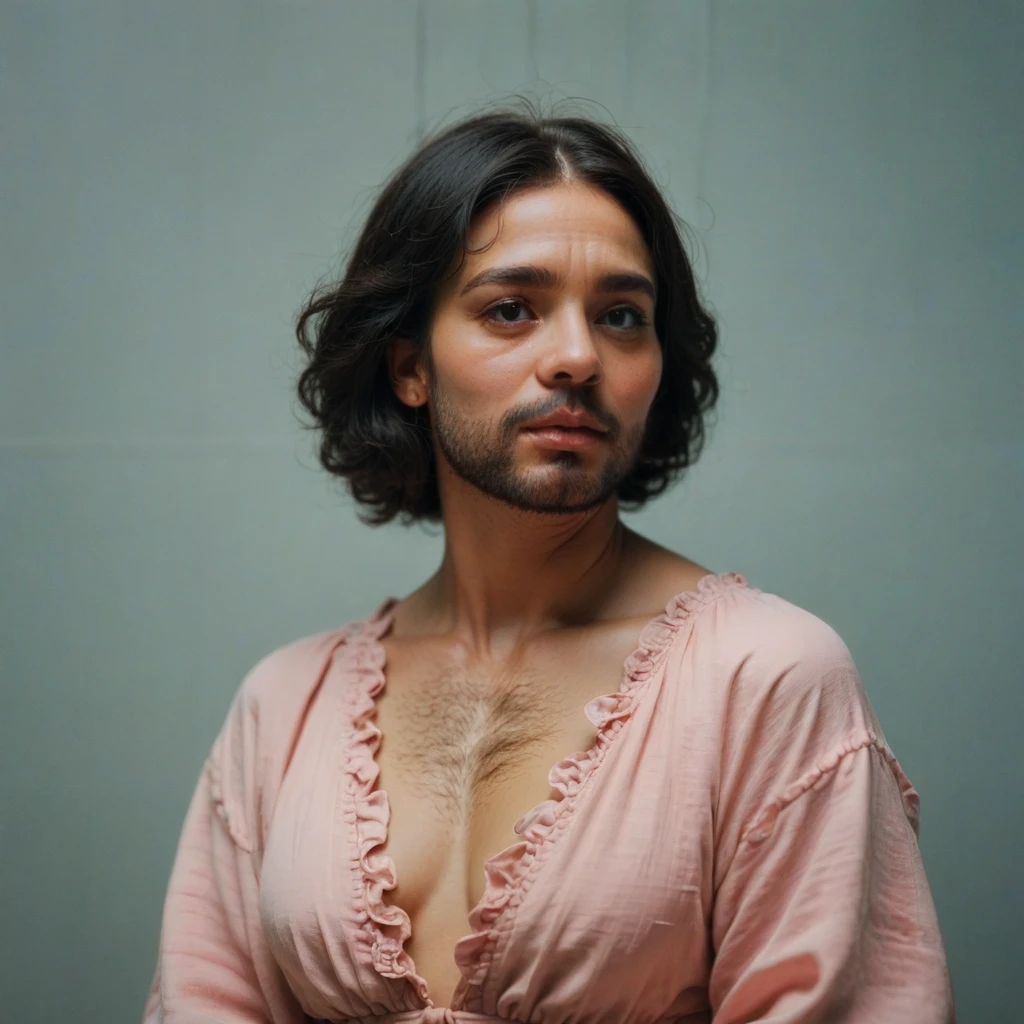 Jewish woman, black hair, black eyes, hair torso bearded shaggy hairy chest, wears a pink low-cut dress