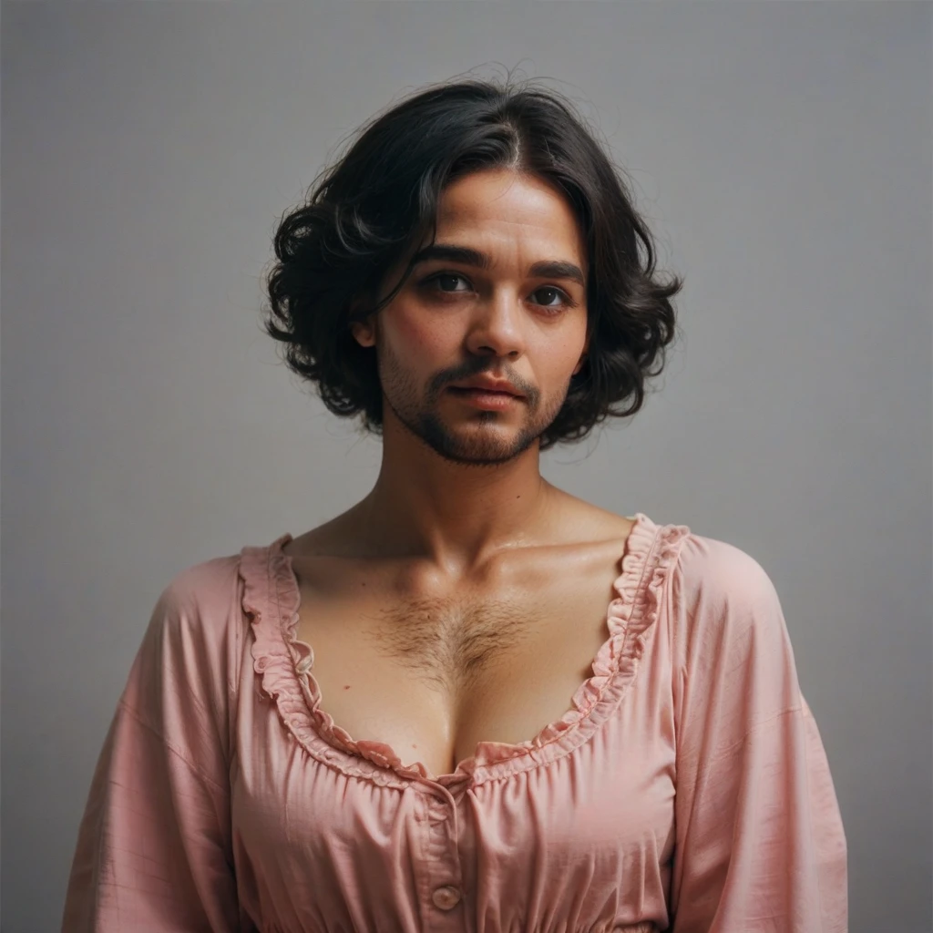 Jewish woman, black hair, black eyes, shaggy bearded torso, hairy chest, hairy legs, wears a pink low-cut dress