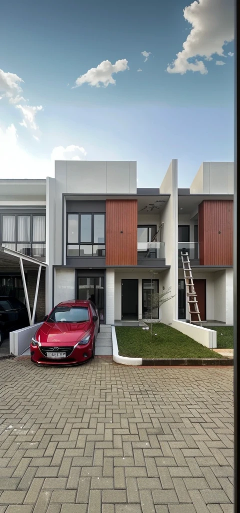 a beautiful house in the countryside, a red sports car parked in the driveway, lush green grass and trees, blue sky with fluffy clouds, detailed architecture, photorealistic, 8k, ultra-detailed, high quality, intricate details, cinematic lighting, vibrant colors, stunning landscape, dramatic shadows, natural atmosphere, seamless composition