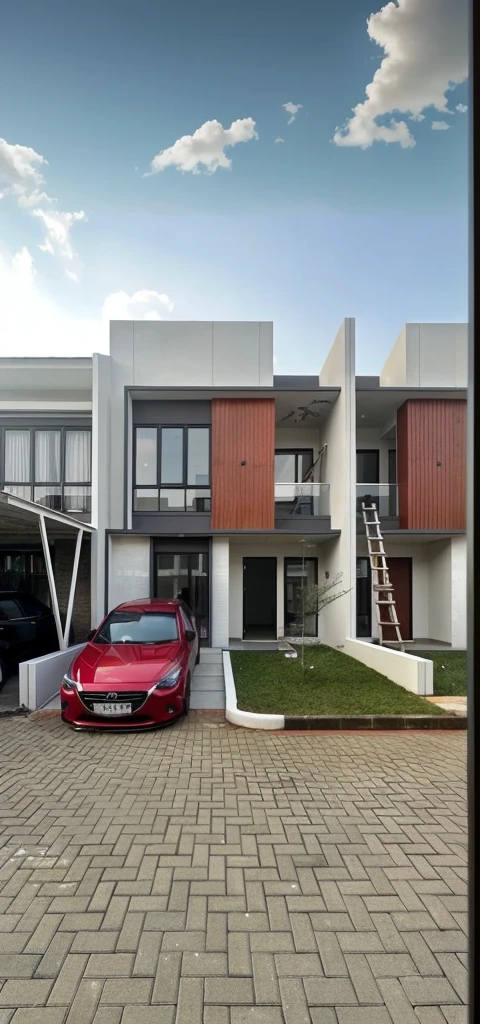 a beautiful house in the countryside, a red sports car parked in the driveway, lush green grass and trees, blue sky with fluffy clouds, detailed architecture, photorealistic, 8k, ultra-detailed, high quality, intricate details, cinematic lighting, vibrant colors, stunning landscape, dramatic shadows, natural atmosphere, seamless composition