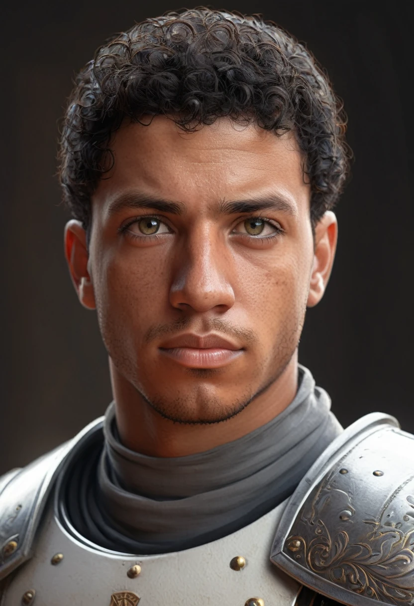 a portrait of a nervous egyptian man in his early 20s with short curly black hair, bright yellow eyes, very tan skin, and soft features, wearing fine medieval orange and white armor, character portrait by senior character artist, Artstation, fantasy art, stunning character art, fantasy concept art portrait, epic exquisite character art, character portrait art, fantasy character portrait, fantasy male portrait, character concept art portrait, character art portrait, beautiful man, (muted natural colors: 1.3), 1 critical role, human ears, muscular, bright yellow eyes, wearing fine medieval orange and white armor