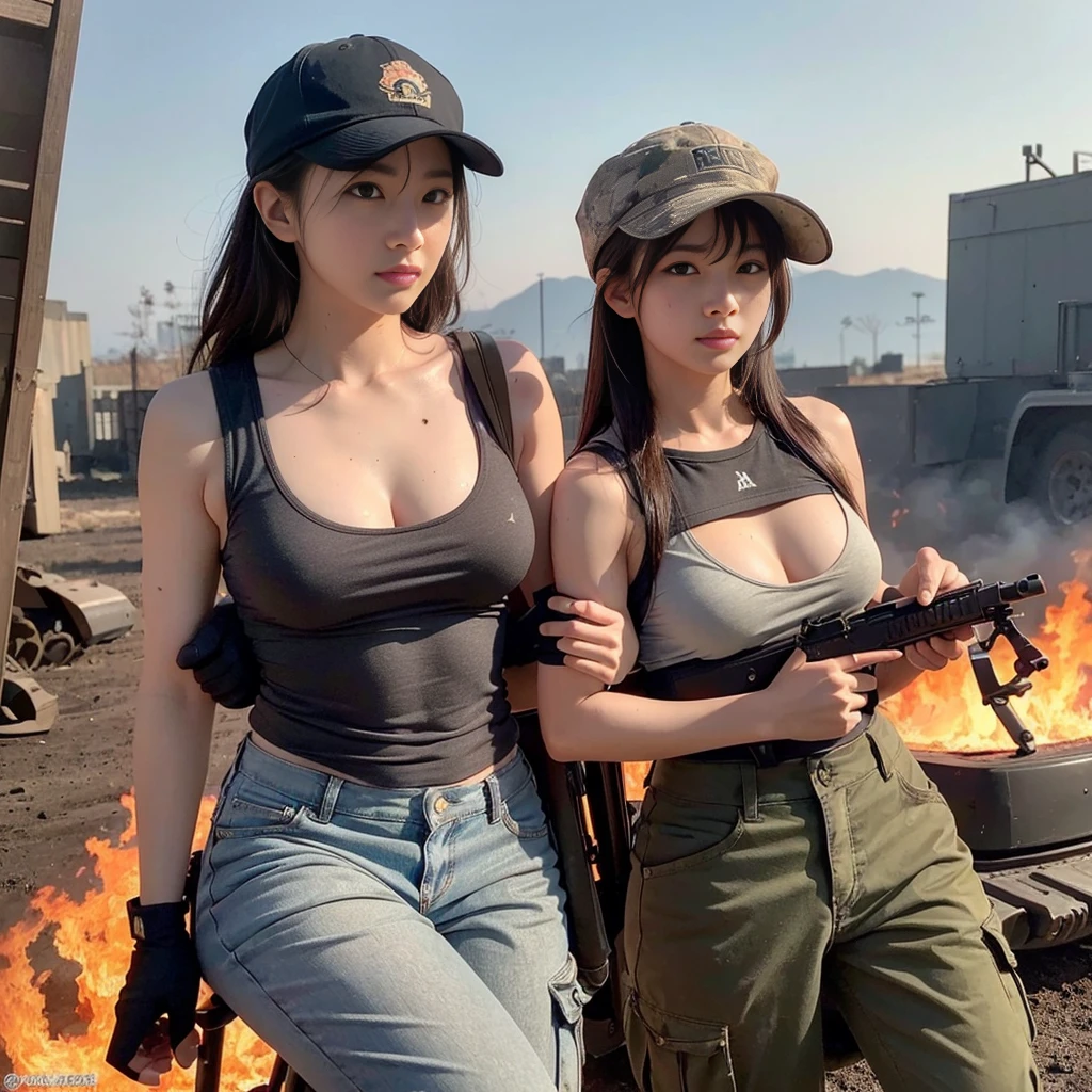 korean hot girls in shrt with perfect body holding long gun on his shoulder 
