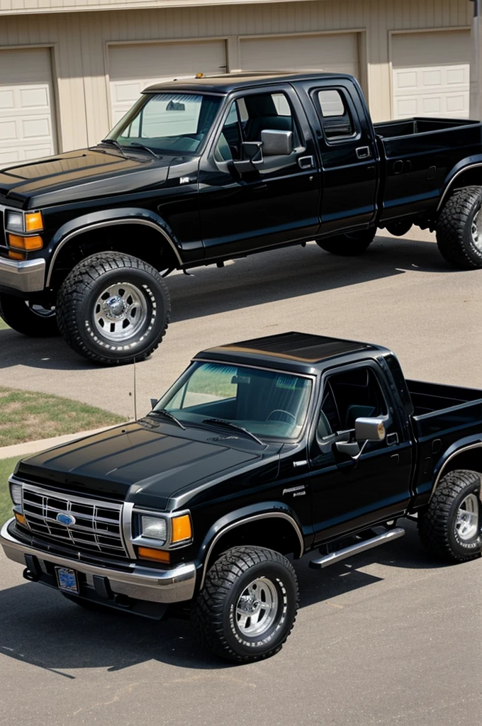 Dad and son watching his black 1987 Ford f150 pickup truck
