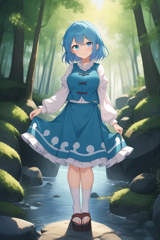 ((best quality)), ((masterpiece)), (detailed), 1girl, Touhou, Tatara Kogasa, medium sized breasts, smiling expression, blue hair, different colored eyes, red colored eye, blue colored eye, blue feminine blouse, long sleeves feminine blouse, light blue skirt, long socks, japanese sandals, girl on stone trail, light forest and village background, girl standing, full body, wide shot