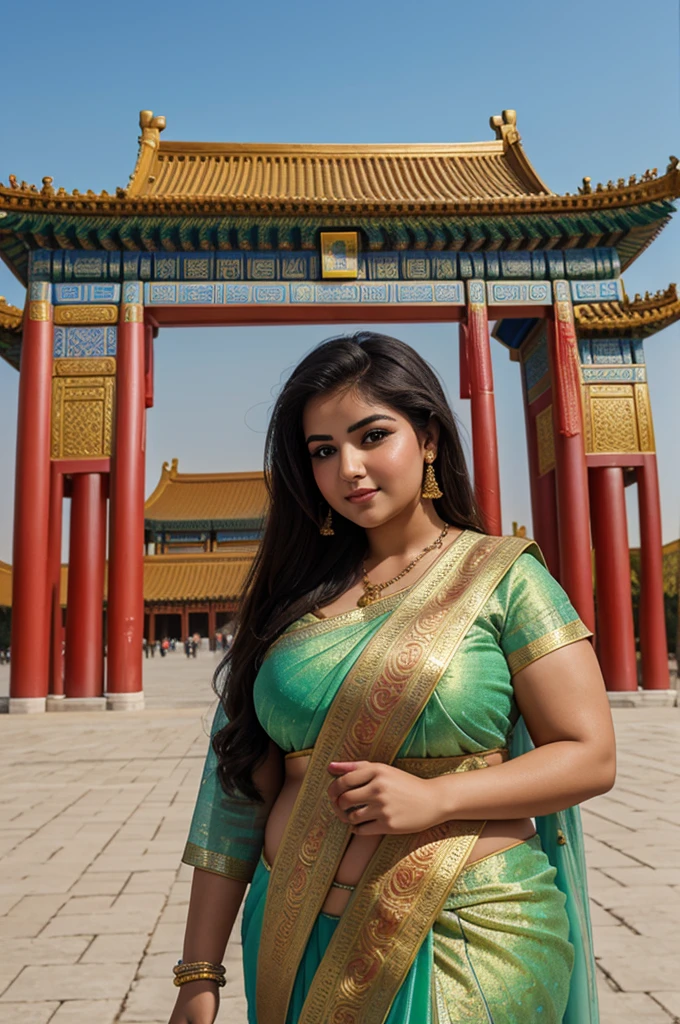 1 Heavenly beautiful and goddess beauty cute and sweet looking face Arabian female in front of Temple of Heaven, China, Heavenly beautiful Overweight, Heavenly beautiful Extremely fat, Heavenly beautiful and attractive Chubby figure , Heavenly beautiful looking and eye catching luxury style Ajrakh Sarees , reaching out, Heavenly beautiful Arabian woman, 16k, High resolution, masterpiece, highest quality, fine skin, outside view, Realistic Photograph, close up face view
