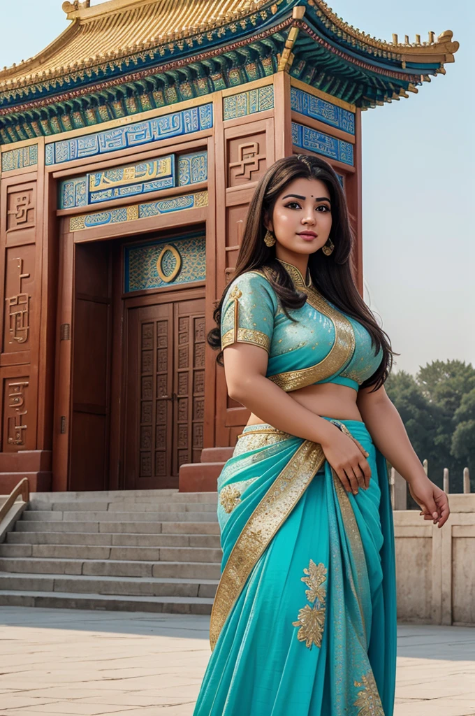 1 Heavenly beautiful and goddess beauty cute and sweet looking face Arabian female in front of Temple of Heaven, China, Heavenly beautiful Overweight, Heavenly beautiful Extremely fat, Heavenly beautiful and attractive Chubby figure , Heavenly beautiful looking and eye catching luxury style Ajrakh Sarees , reaching out, Heavenly beautiful Arabian woman, 16k, High resolution, masterpiece, highest quality, fine skin, outside view, Realistic Photograph, close up face view