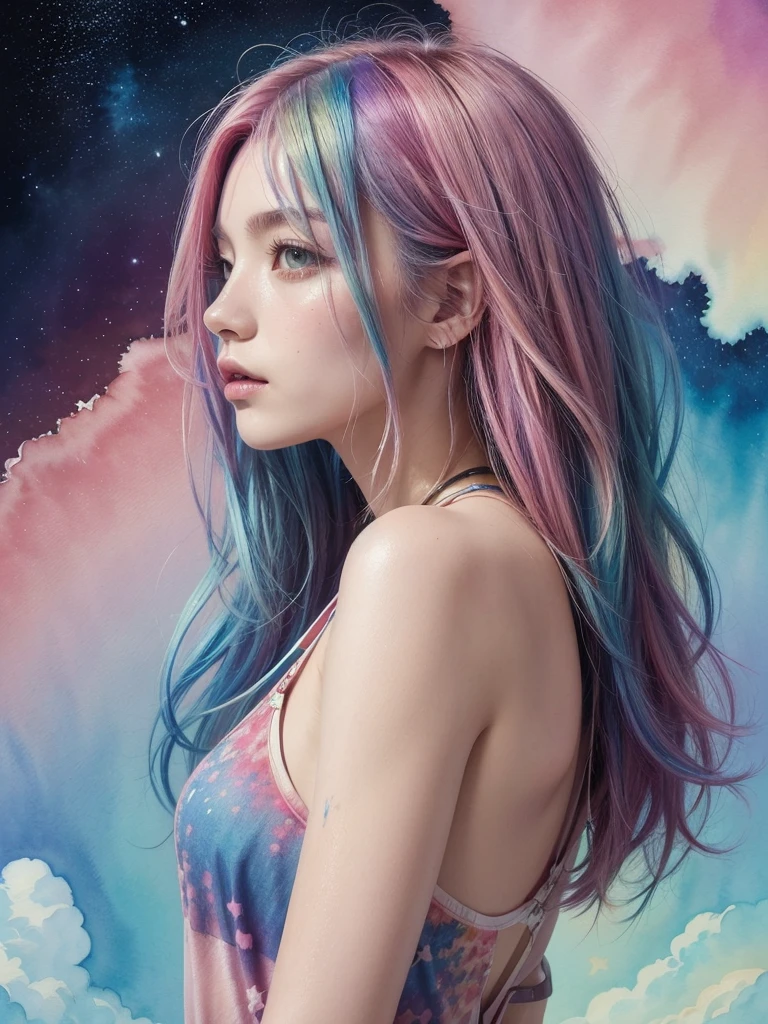 (masterpiece, top quality, best quality,watercolor (medium),official art, beautiful and aesthetic:1.2),(1girl:1.3), (fractal art:1.3),upper body, from side, looking at viewer,patterns,(rainbow color Hair,colorful hair,half blue and half pink hair:1.2),water,liquid, cloud,colorful, starry,stars,