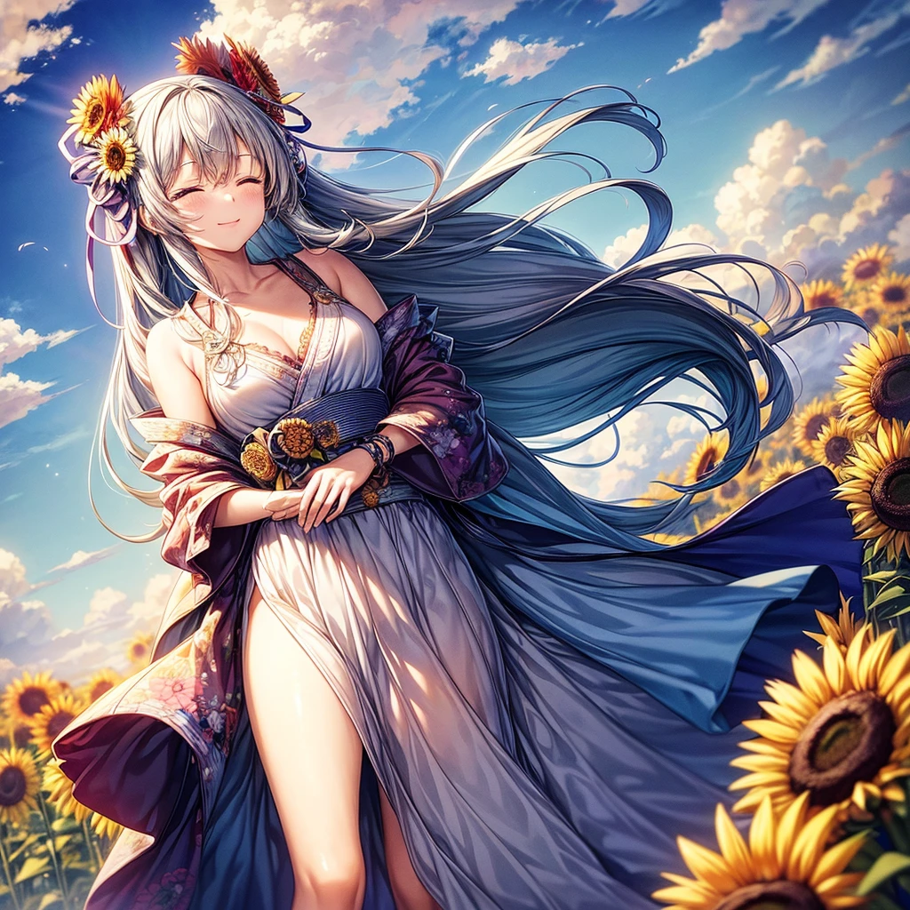 a woman with a flower in her hand at a distance holding sunflowers towards the sky, blue sky, fluffy clouds, sunflower, flower, solo, 1girl, japanese clothes, holding, closed eyes, red kimono, kimono, white background, hair ornament, simple background, smile, Hatsune Miku,