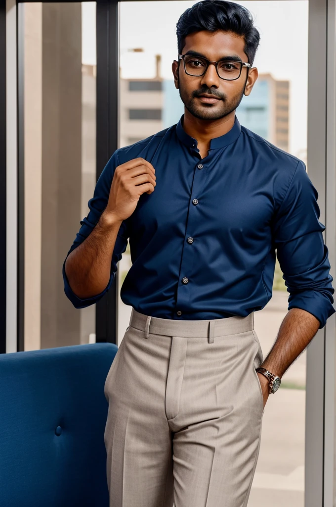 30 years old indian boy with fair skin wearing spectacle and narrow body posing for linkedin picture in formals