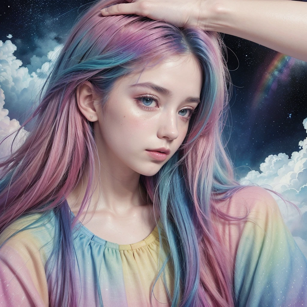 (masterpiece, top quality, best quality,watercolor (medium),official art, beautiful and aesthetic:1.2),(1girl:1.3), (fractal art:1.3),upper body, from side, looking at viewer,patterns,(rainbow color Hair,colorful hair,half blue and half pink hair:1.2),water,liquid, cloud,colorful, starry,stars,