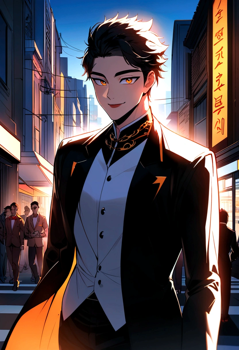 A Korean guy, transformed into an anime style, with exaggerated unique facial features and clothing, standing on a bustling city street, backlit background highlighting the subject, sun light high-contrast colors, 4K high-definition quality，young, smiling, handsome