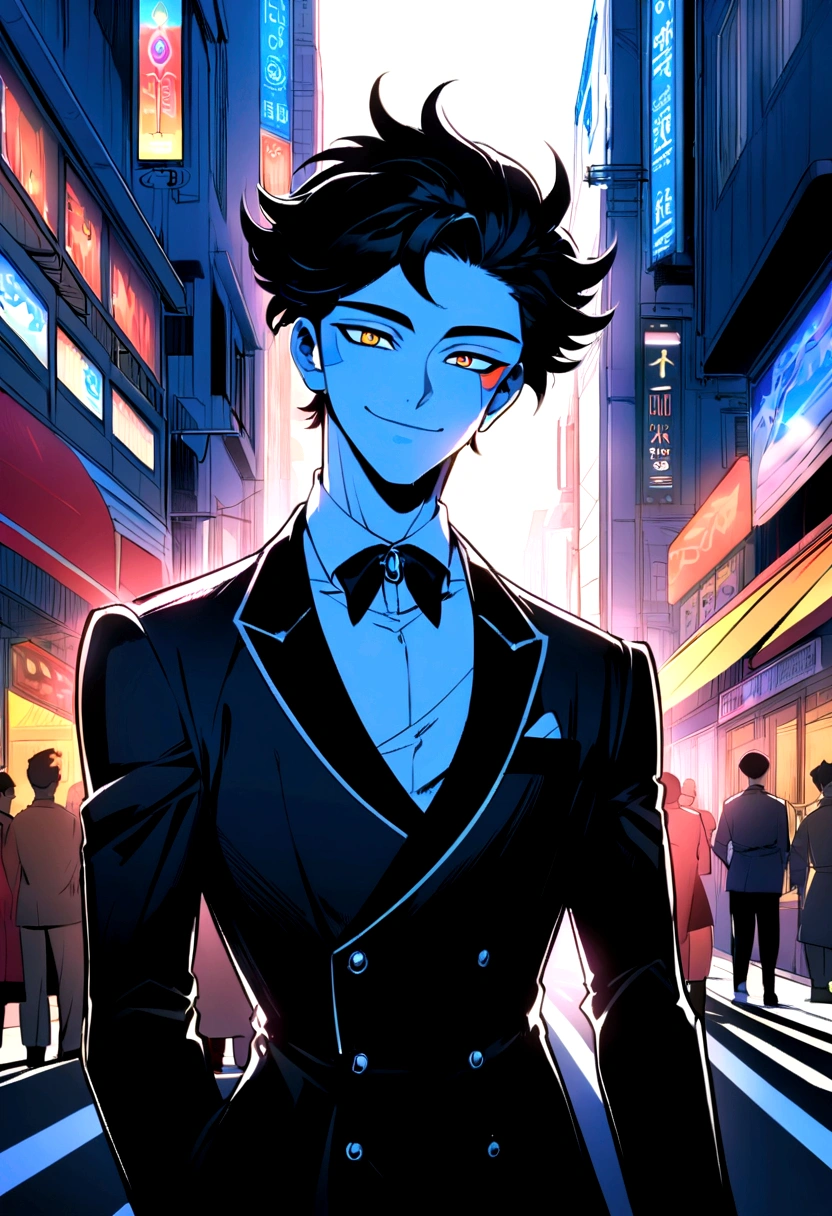 A Korean guy, transformed into an anime style, with exaggerated unique facial features and clothing, standing on a bustling city street, backlit background highlighting the subject, sun light high-contrast colors, 4K high-definition quality,young, smiling, handsome