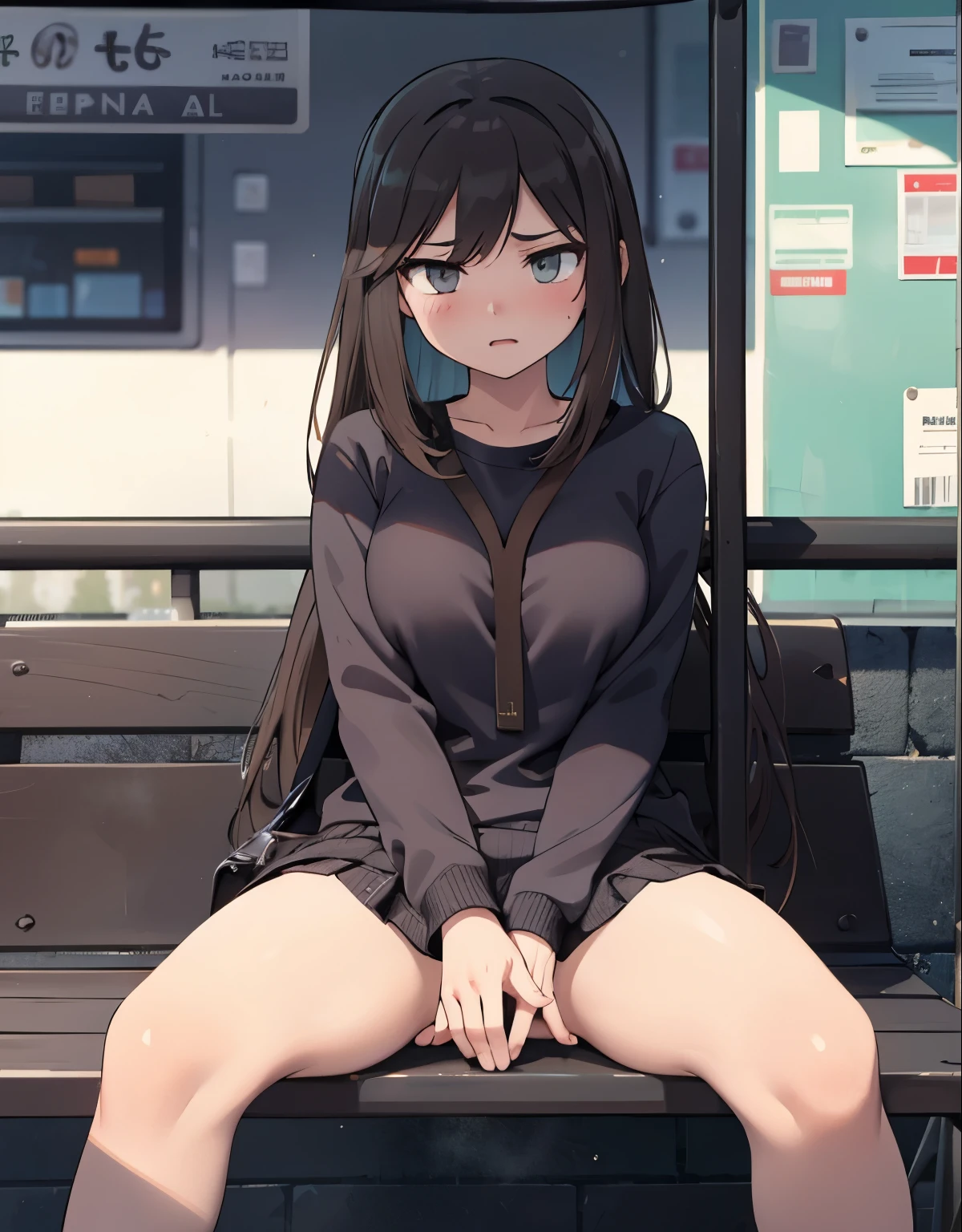a young woman sitting with legs open at a bus stop, , expression of shame and pleasure, detailed face, detailed body, detailed hands, hyper realistic, cinematic lighting, moody atmosphere, muted colors, soft focus, photorealistic, intricate details, dramatic shadows, subtle textures, cinematic composition, emotional expression, captivating mood
