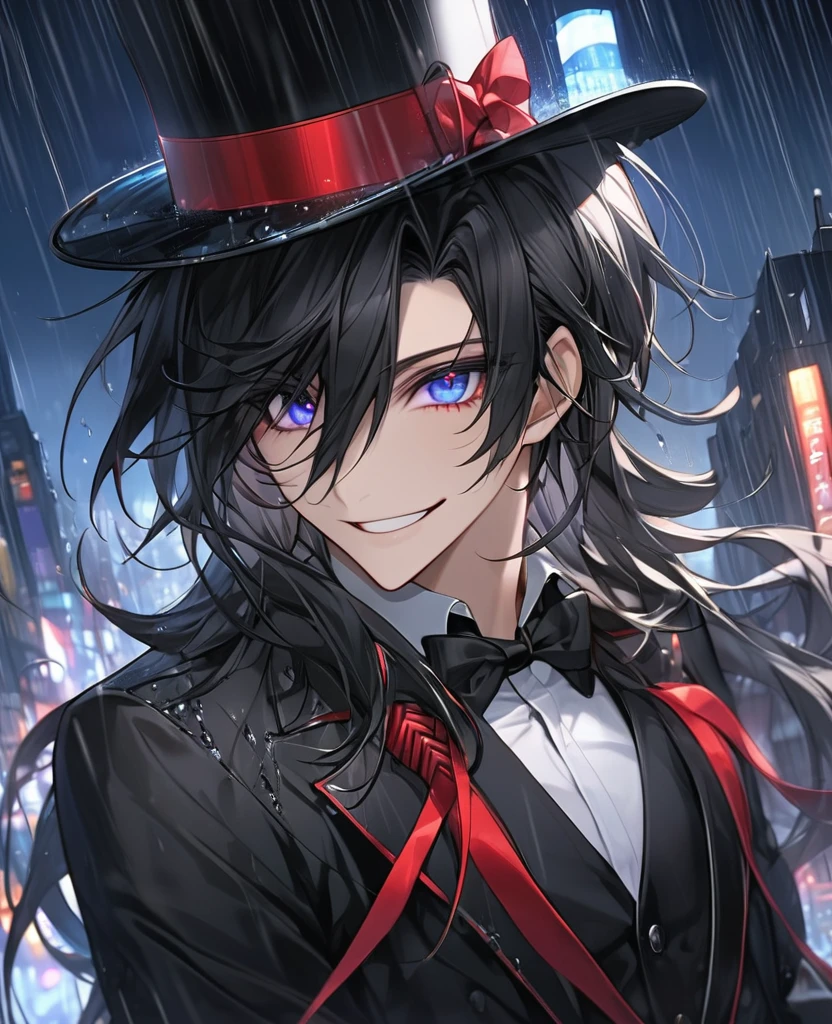  (black_hair), (sapphire_eyes), (detailed_eyes), (crazy_smile), (attractive), (night_city_background), (raining), (glowing_eyes), (male), (wearing _a_black_suit), (long_male_hair), (detailed_Hair), (detailed), (detailed_mouth), (broad_shoulders), wears a black top hat with a red ribbon edged trim,