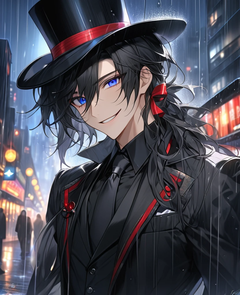  (black_hair), (sapphire_eyes), (detailed_eyes), (crazy_smile), (attractive), (night_city_background), (raining), (glowing_eyes), (male), (wearing _a_black_suit), (long_male_hair), (detailed_Hair), (detailed), (detailed_mouth), (broad_shoulders), wears a black top hat with a red ribbon edged trim,