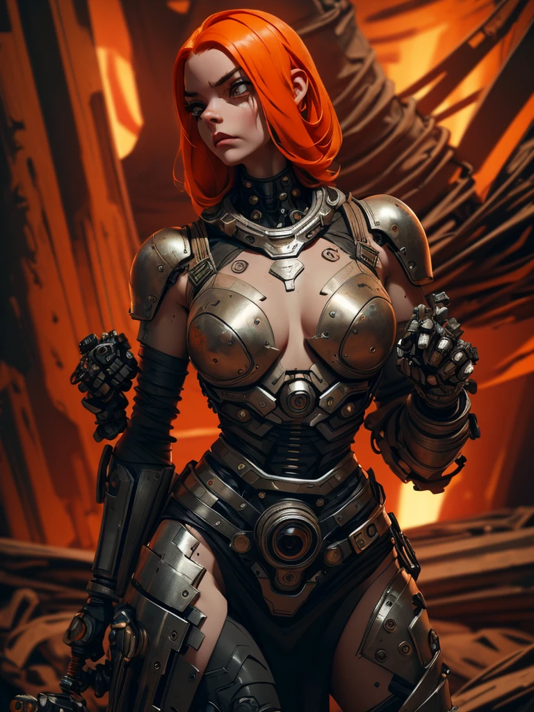 A highly detailed and realistic skull girl,( Anya. Taylor Joy) cyberpunk character, mad max furiosa, one hand robot, cyborg arm, orange hair, dramatic metal heavy rock theme, best quality, 8k, hyperrealistic, photorealistic, extreme detailed painting, studio lighting, vivid colors, dark moody atmosphere, cinematic, dramatic pose, intricate mechanical details, glowing energy effects, intense gritty textures, seamless integration of organic and inorganic elements. Wearing the used clothes of a wastelander. Background: An apocalyptic wasteland. Dusty and depressing.