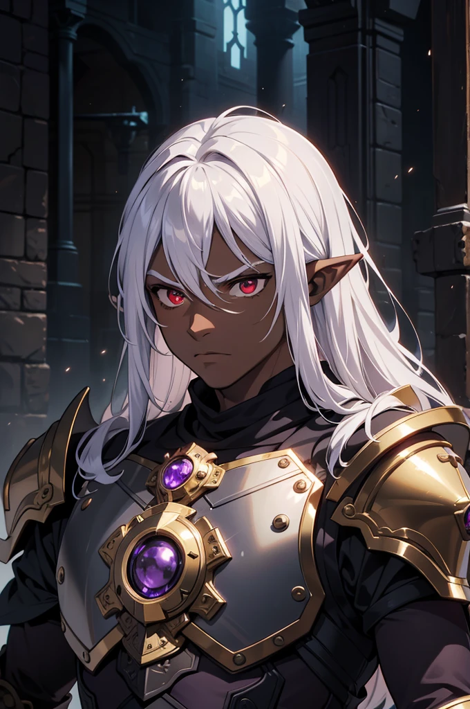 masterpiece, best quality, 8k, ultra high res, dark theme, 1boy, young man, (dungeonpunk armor), (mechanical steampunk armor), (wearing armor), fantasy illustration, dark skinned, human, upper body, portrait, red eyes, perfect eyes, long white hair, half-drow, pointy ears, serious face, young man, dramatic lighting, purple hue, art by Kinema Citrus