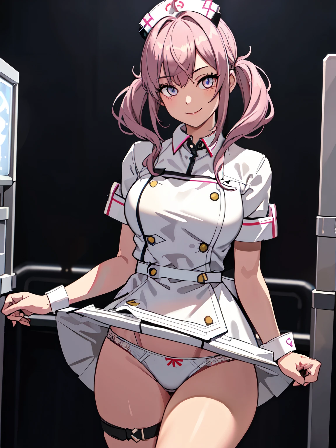 best quality, masterpiece, 1 girl, (silhouette lighting:1.2), (cowboy shot:1.3), smiling, white nurse costume, origen, neogen, (skirtlift:1.2), sickroom, patient room, ward, sunset glow
