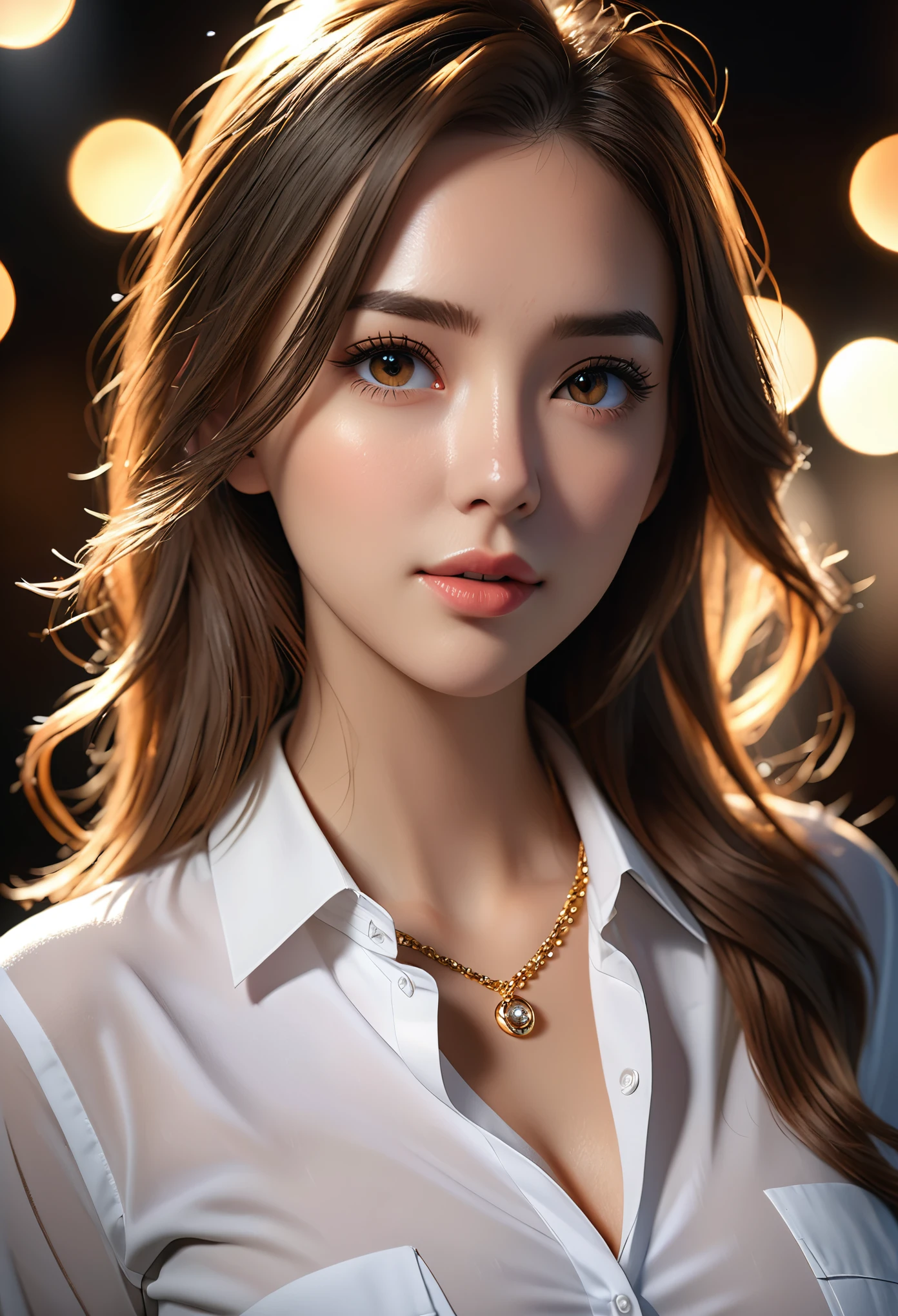 best quality, masterpiece, High resolution, a girl, Mens white collar shirt, necklace, jewelry, pretty face, big breasts, more than_Body, Tyndall effect, lifelike, dark studio, edge lighting, two-tone lighting, (HD skin: 1.2), 8K Ultra HD, SLR camera, soft light, high quality, Volumetric lighting, frank, photography, super high resolution, 8K, Bokeh, shallow depth of field