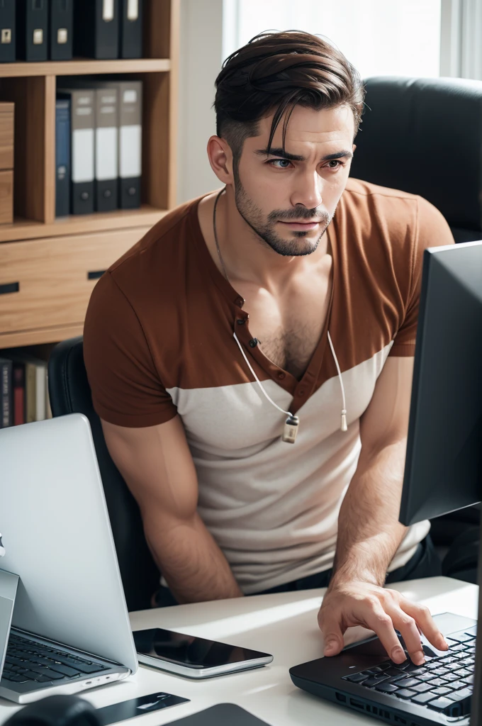Create a man in an office working on the computer while drinking a hot coffee