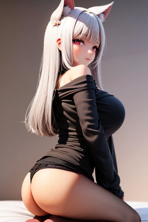 ((best qualityer)), ((work of art)), (detailded), 1 girl, Long White Hair with Wolf Ears, big boobies,pink eyes, black off the shoulder sweater