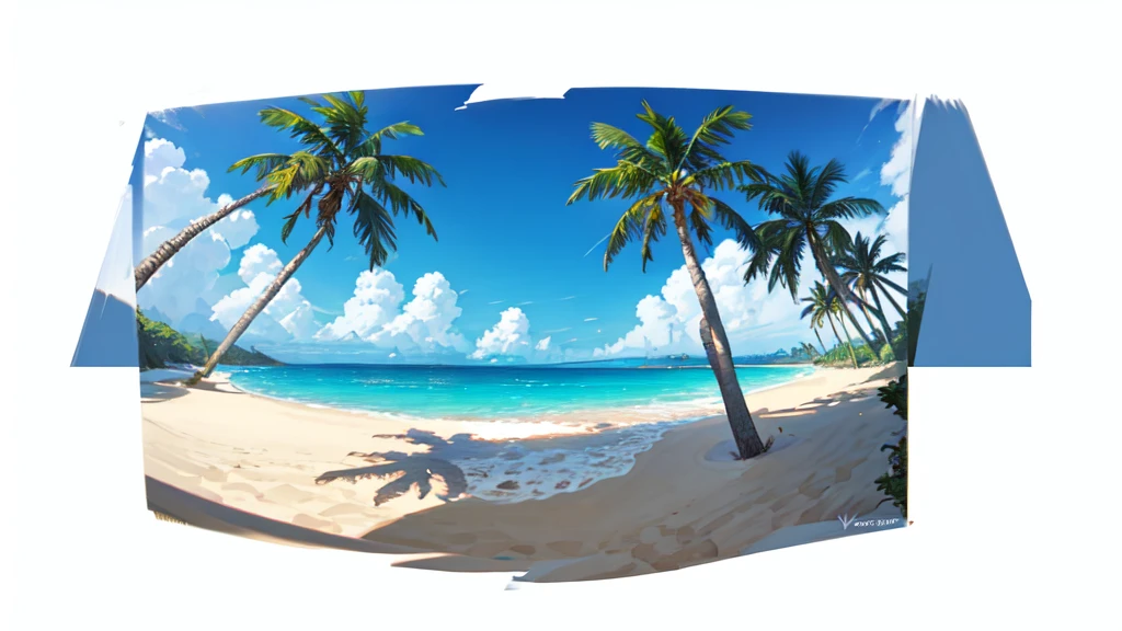 Painting of a beach with palm trees and a blue oceansummer, sun, ocean, beach--v6