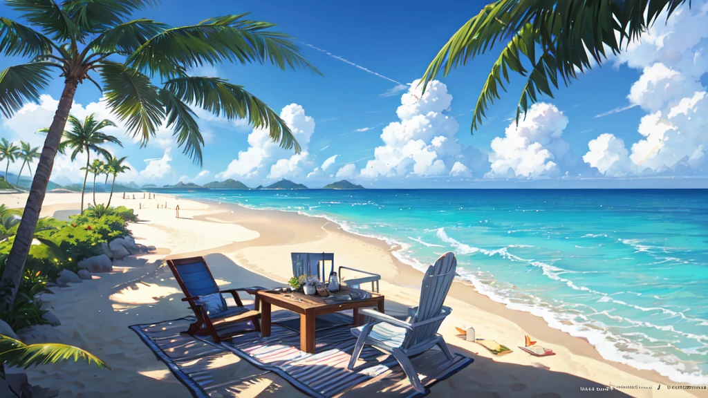 Painting of a beach with palm trees and a blue oceansummer, sun, ocean, beach--v6