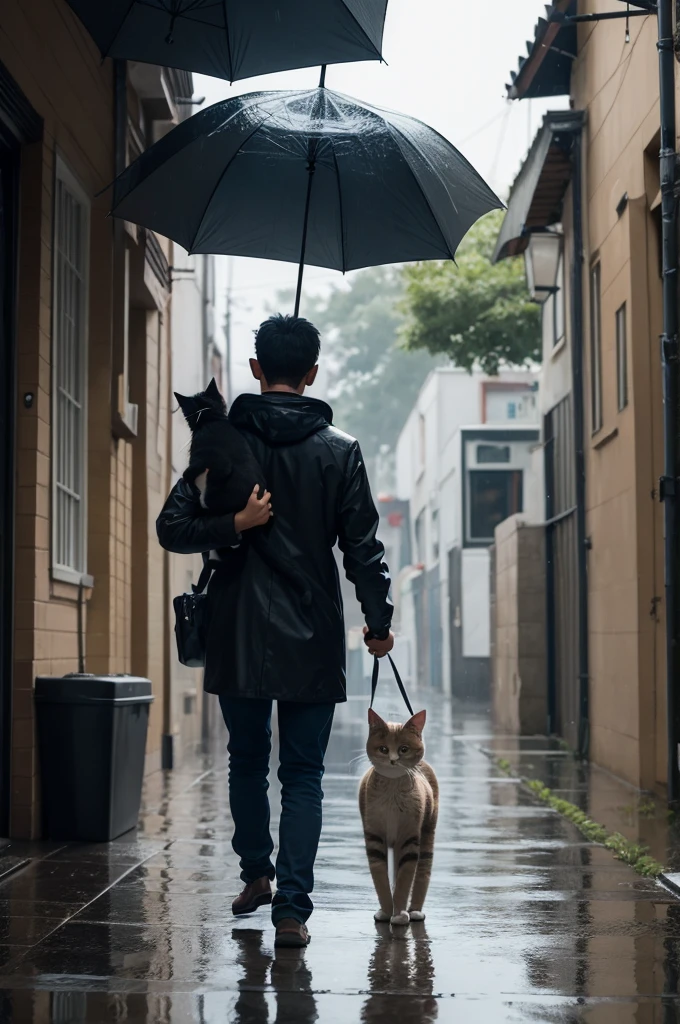 Man taking the cat out of the rain 