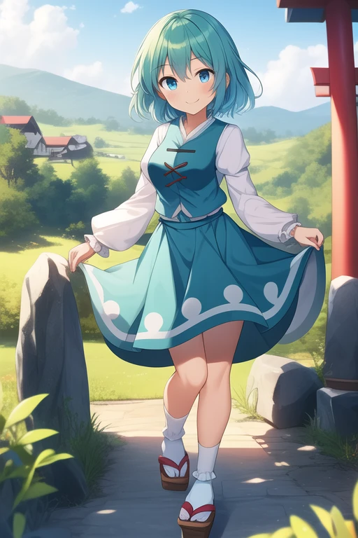 ((best quality)), ((masterpiece)), (detailed), 1girl, Touhou, Tatara Kogasa, medium sized breasts, smiling expression, blue hair, different colored eyes, red colored eye, blue colored eye, blue feminine blouse, long sleeves feminine blouse, light blue skirt, long socks, japanese sandals, girl on stone trail, village background, girl standing, full body, wide shot