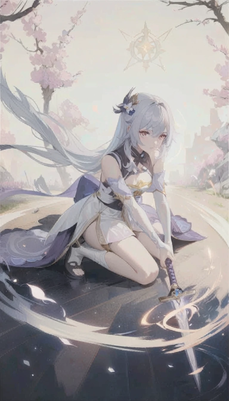 anime girl sitting on a rock with a sword in her hand, white haired deity, guweiz, artwork in the style of guweiz, guweiz on artstation pixiv, clean detailed anime art, guweiz on pixiv artstation, beautiful anime artwork, keqing from genshin impact, anime goddess, beautiful fantasy anime, anime fantasy artwork
