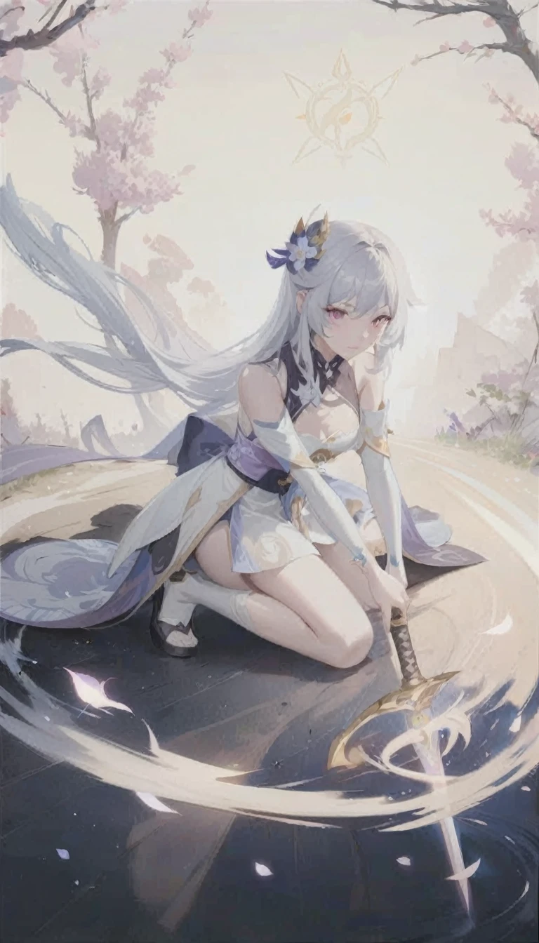 anime girl sitting on a rock with a sword in her hand, white haired deity, guweiz, artwork in the style of guweiz, guweiz on artstation pixiv, clean detailed anime art, guweiz on pixiv artstation, beautiful anime artwork, keqing from genshin impact, anime goddess, beautiful fantasy anime, anime fantasy artwork