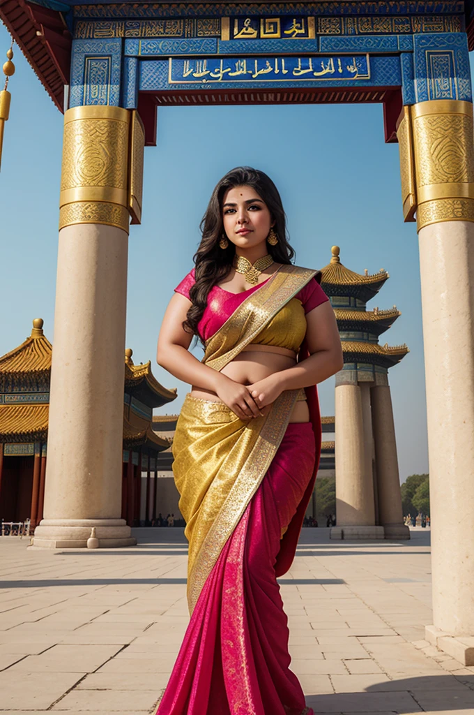 1 Heavenly beautiful and goddess beauty cute and sweet looking face Arabian female in front of Temple of Heaven, China, Heavenly beautiful Overweight, Heavenly beautiful Extremely fat, Heavenly beautiful and attractive Chubby figure , Heavenly beautiful looking and eye catching luxury style Ajrakh Sarees , reaching out, Heavenly beautiful Arabian woman, 16k, High resolution, masterpiece, highest quality, fine skin, outside view, Realistic Photograph, close up face view