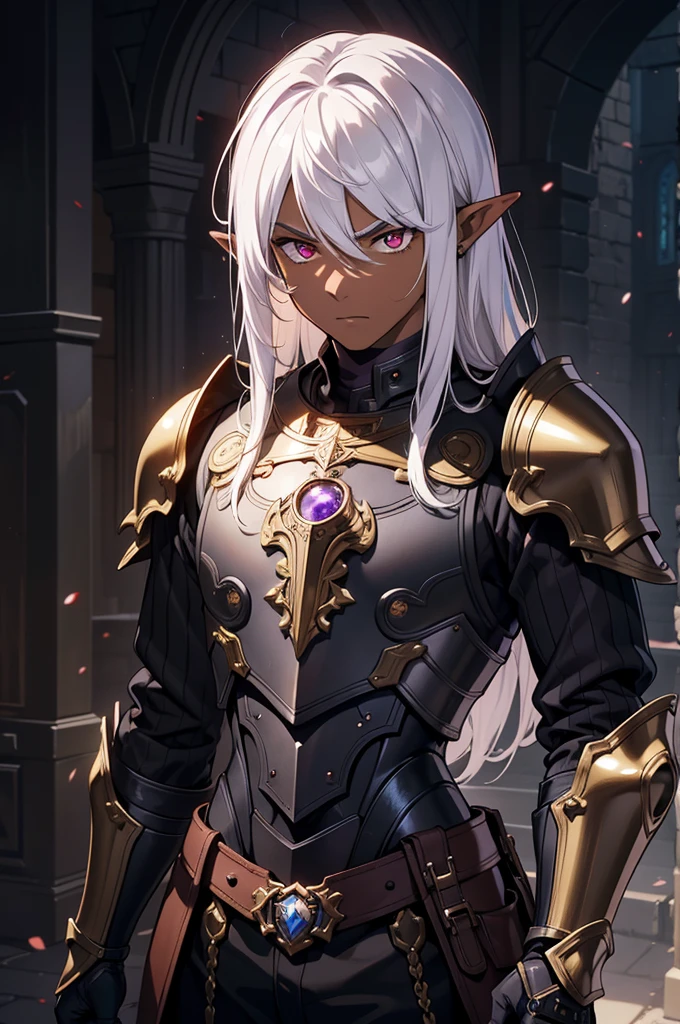 masterpiece, best quality, 8k, ultra high res, dark theme, 1boy, young man, (dungeonpunk armor), (mechanical steampunk armor), (wearing armor), fantasy illustration, dark skinned, human, upper body, portrait, red eyes, perfect eyes, long white hair, half-drow, pointy ears, serious face, young man, dramatic lighting, purple hue, art by Kinema Citrus