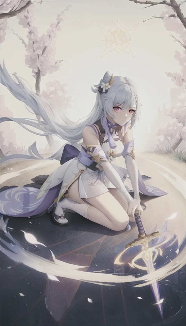 anime girl sitting on a rock with a sword in her hand, white haired deity, guweiz, artwork in the style of guweiz, guweiz on artstation pixiv, clean detailed anime art, guweiz on pixiv artstation, beautiful anime artwork, keqing from genshin impact, anime goddess, beautiful fantasy anime, anime fantasy artwork