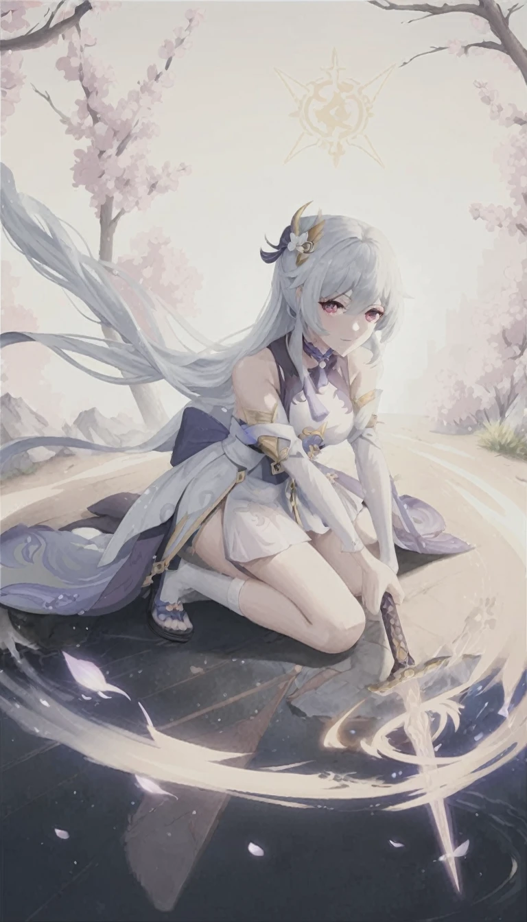 anime girl sitting on a rock with a sword in her hand, white haired deity, guweiz, artwork in the style of guweiz, guweiz on artstation pixiv, clean detailed anime art, guweiz on pixiv artstation, beautiful anime artwork, keqing from genshin impact, anime goddess, beautiful fantasy anime, anime fantasy artwork