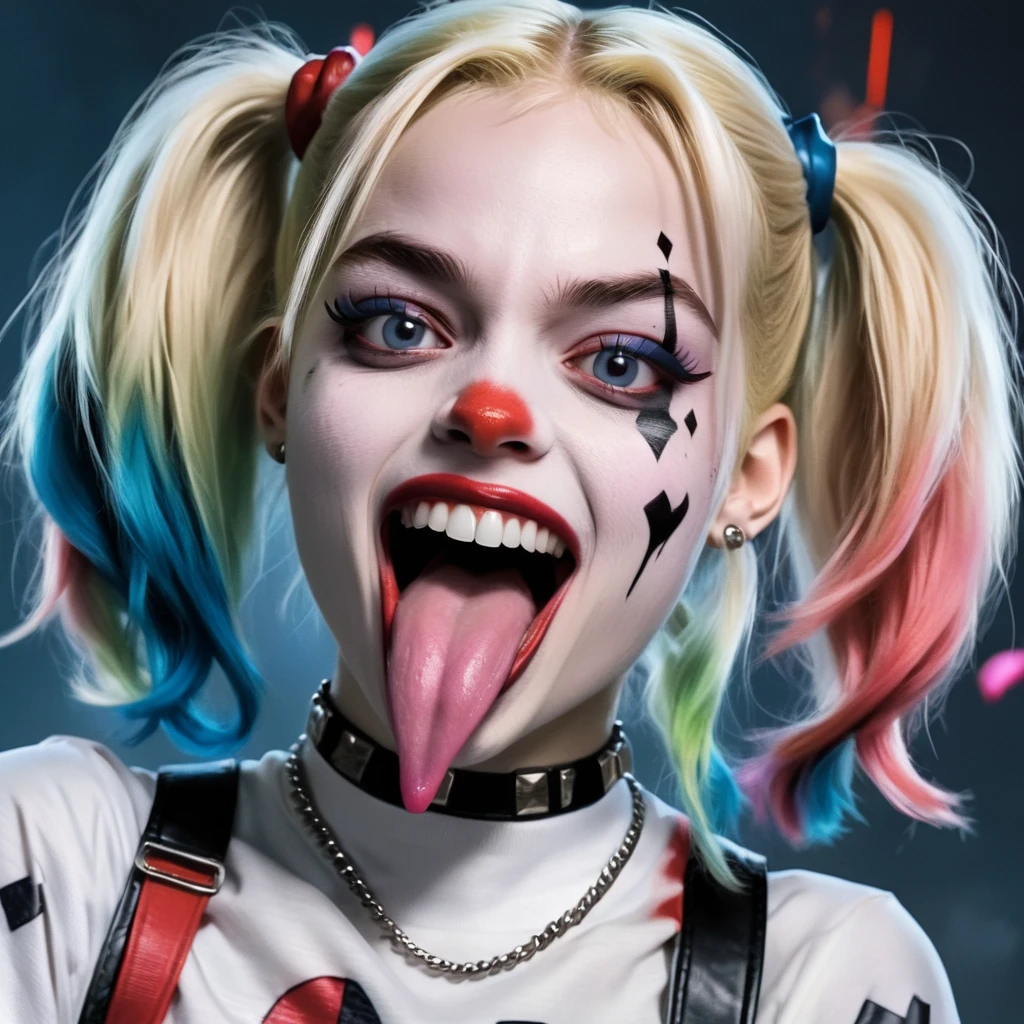 Comic book Harley Quinn sticking her (long pink tongue) out, masterpiece,  