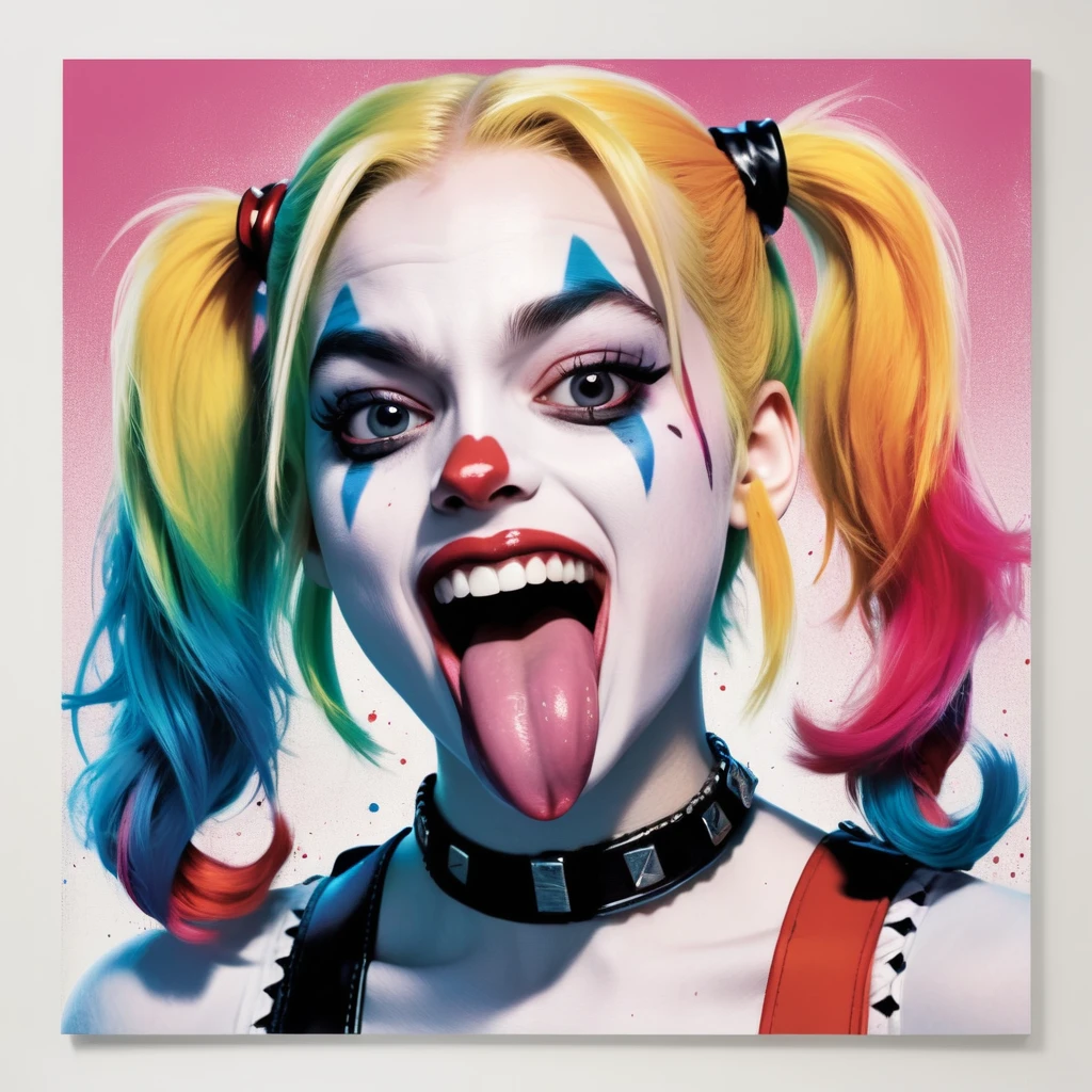 Comic book Harley Quinn sticking her (long pink tongue) out, masterpiece,  