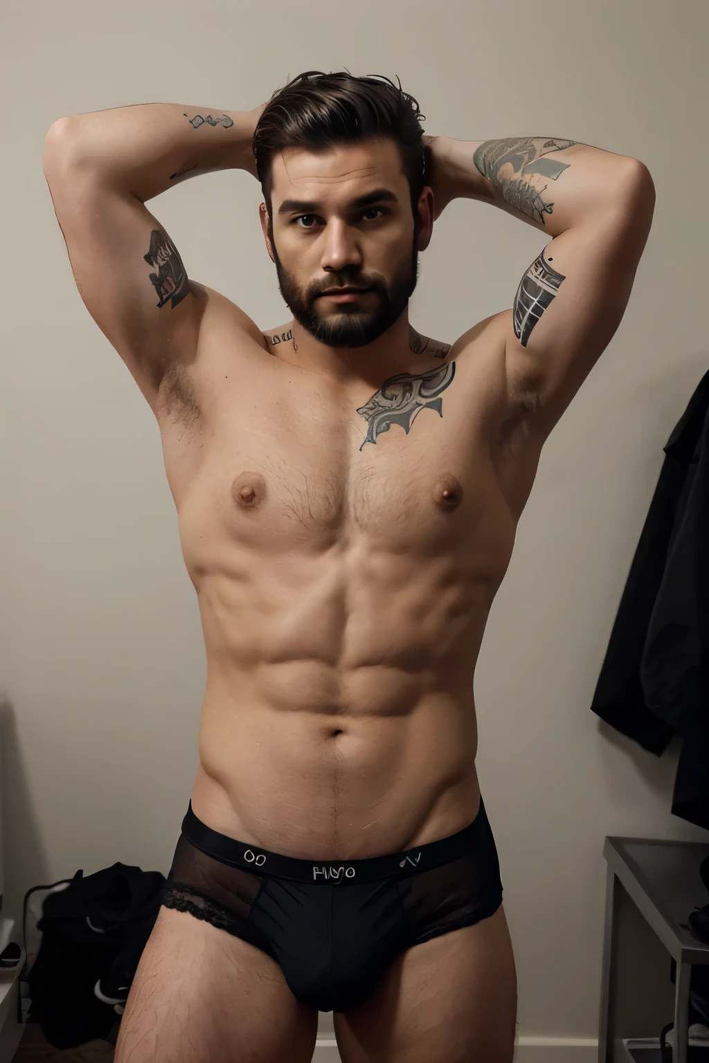 sexy hairy tattoed man wearing black underwear