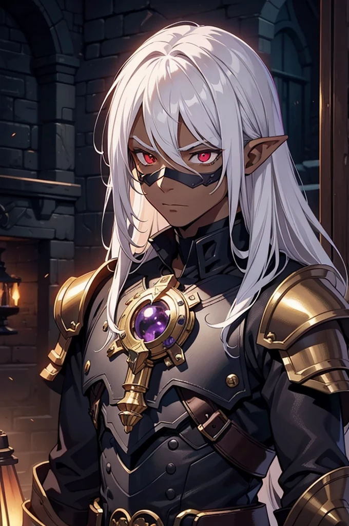masterpiece, best quality, 8k, ultra high res, dark theme, 1boy, young man, (dungeonpunk armor), (mechanical steampunk armor), (wearing armor), fantasy illustration, dark skinned, human, upper body, portrait, red eyes, perfect eyes, long white hair, half-drow, pointy ears, serious face, young man, dramatic lighting, purple hue, art by Kinema Citrus