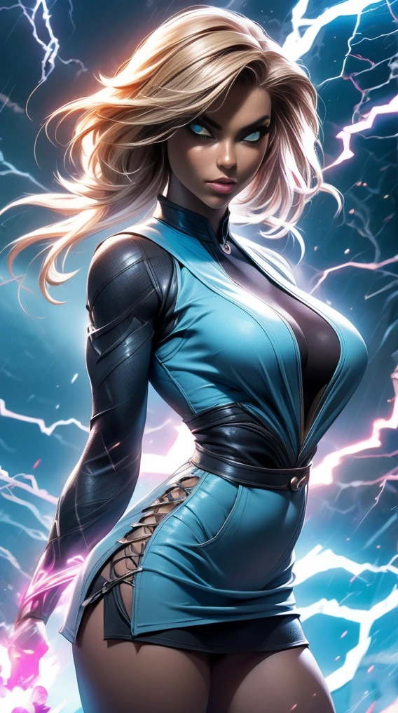 A woman in a white dress with lightning coming out of her chest arafed woman in a short skirt and a hoodie posing for a picture, electric woman, she attracting lightnings, light effect. feminine, splashes of lightning behind her, electricity aura, expert light effects on figure, fashion neon light, glowing lens flare wraith girl, ultraviolet photography, amazing lighting effect, surreal lighting