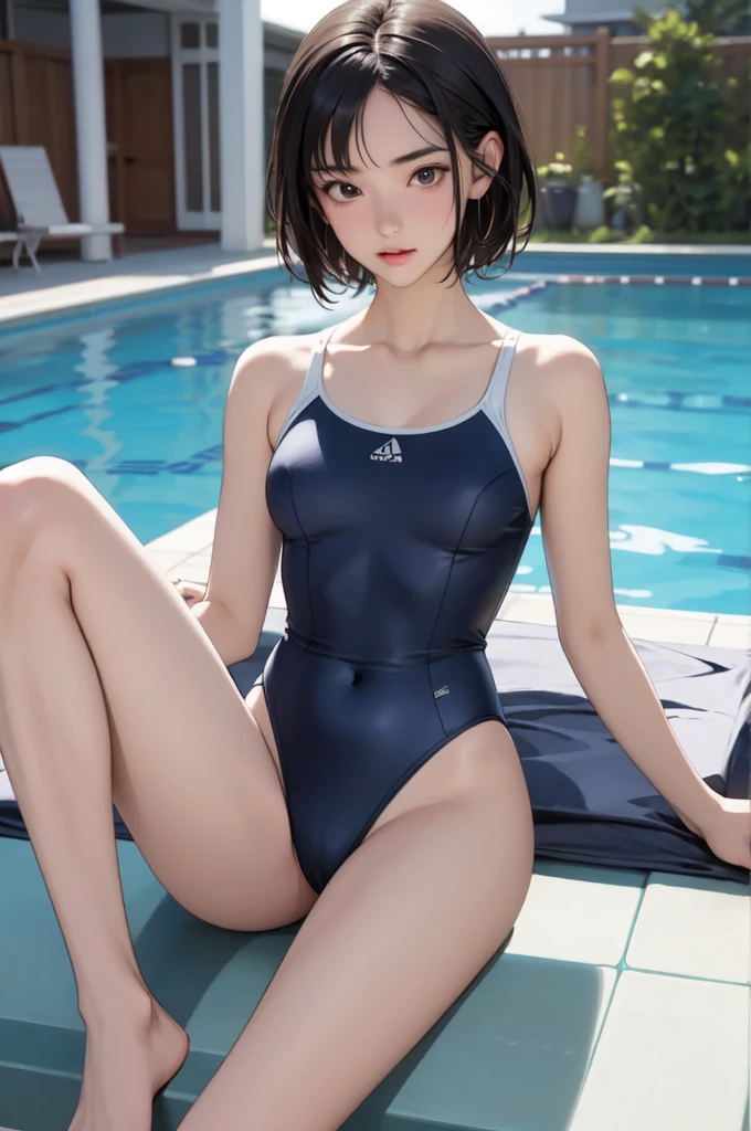 ((masterpiece, best quality)),((highres:1.2)), 1 Girl, solo, Blurred Background, (((Small breasts))), Thighs, (Stripe underwear), (One piece swimsuit), pool, leg Spread, short hair