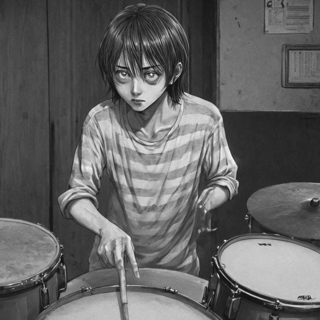 beating, drum, (anime), bizarre scenario, This is Junji, Yusuke Murata, black and white, 8K, anime, horror